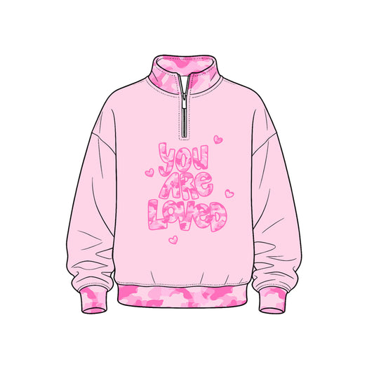 Preorder (moq 5) Kids’ Valentine’s Day Light Pink “You Are Loved” Print Long-Sleeve Half-Zip Bow Sweatshirt
