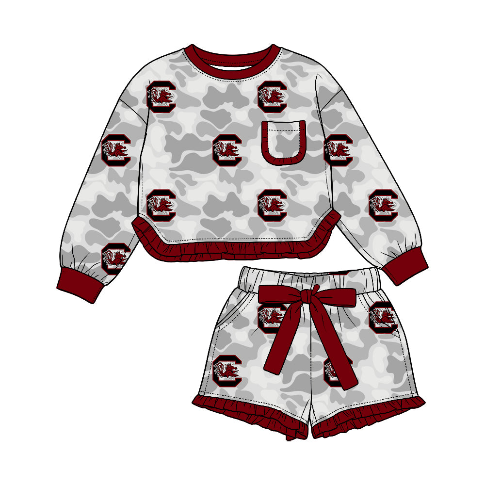 Preorder (moq 5) Baby Girl Clothes Camo Gamecock Mascot Mixed Print Long Sleeve Ruffle Top Short Ruffle Pant Set