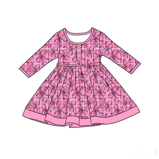 Preorder (moq 5)Baby Girls Long Sleeve Pink Bows Checked Button Ruffle Knee Length Dress