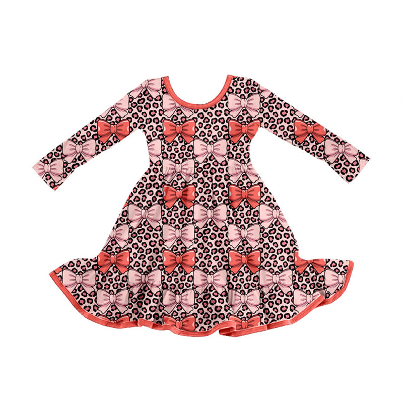 Preorder (moq 5)Baby Girls Peach Leopard Bows Ruffle Knee Length Dresses