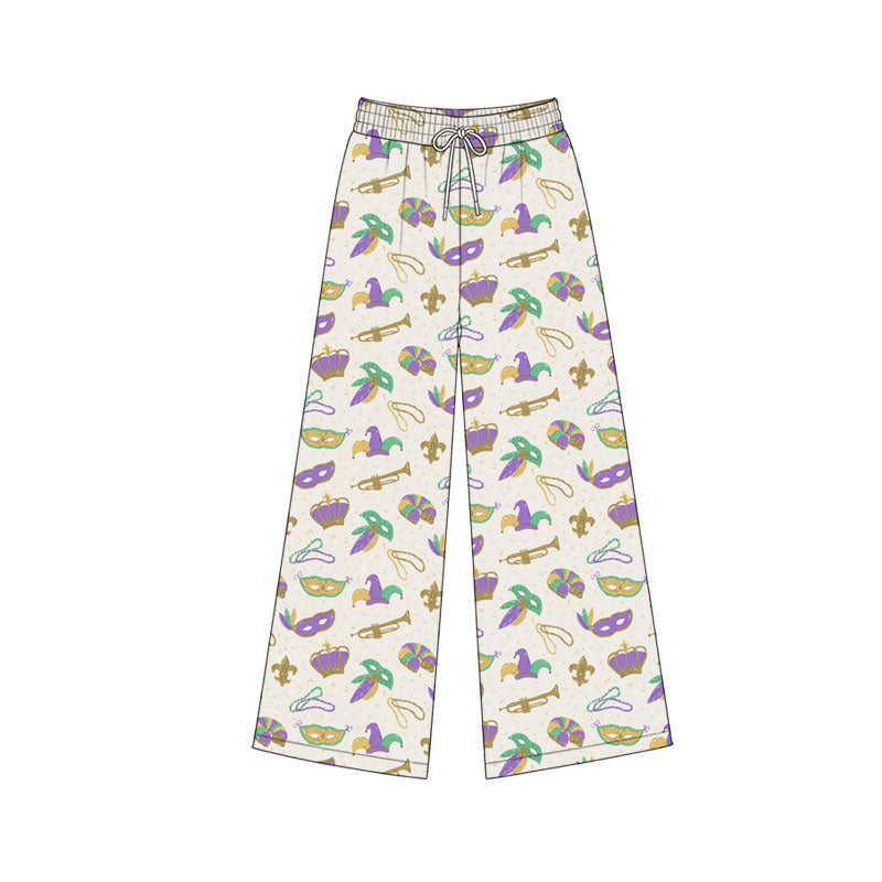 Pre-order(moq5) Baby Girl Clothes Mardi Gras Mask Crown Print Drawstring Wide Leg Pants