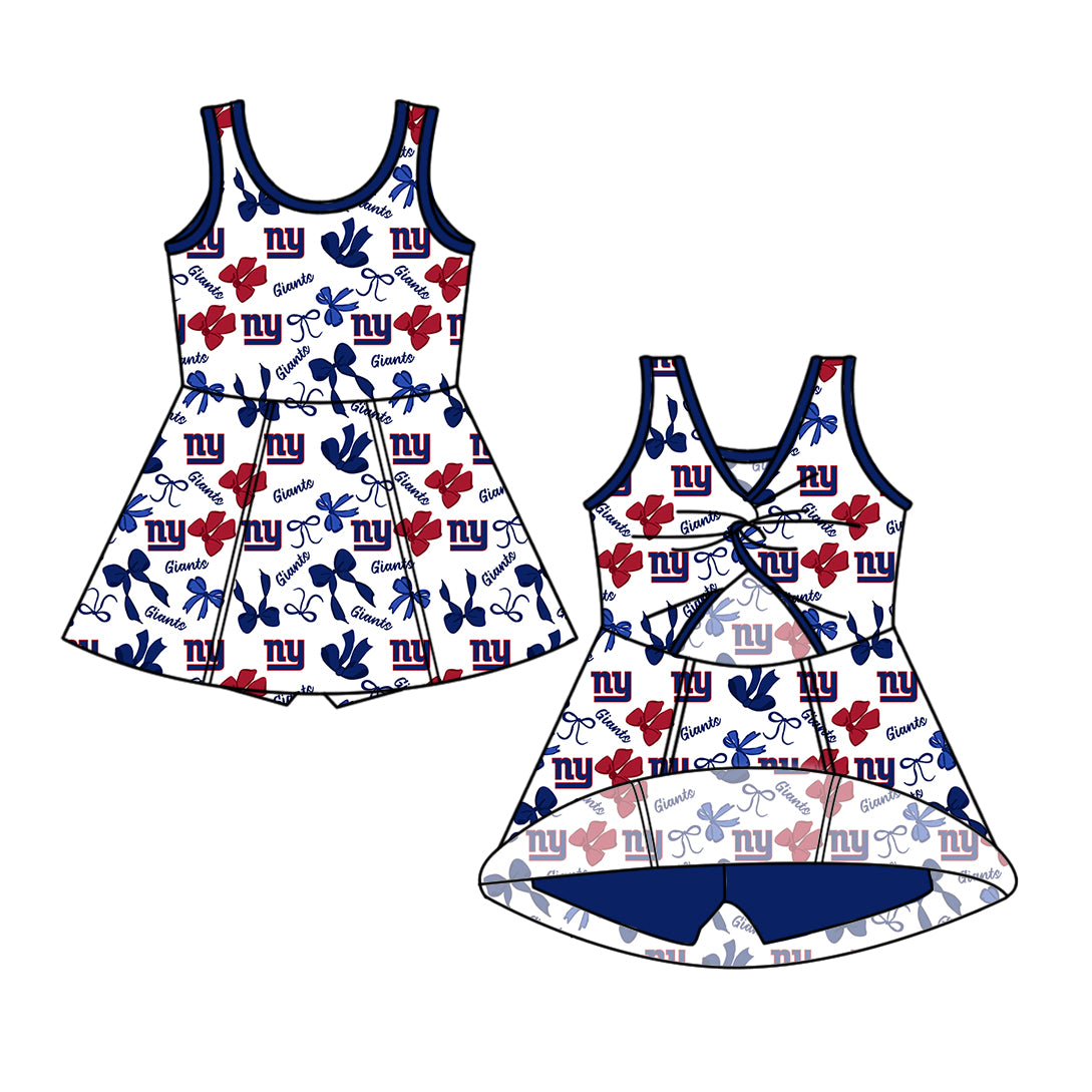 Preorder (moq 5)Baby Girls Sleeveless Bows Plaid NY Giants Shorts Team Knee Length Dresses