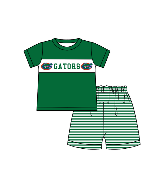 Preorder (moq 5)Baby Boys Green Short Sleeve Gators Top Stripe Shorts Team Clothes Sets