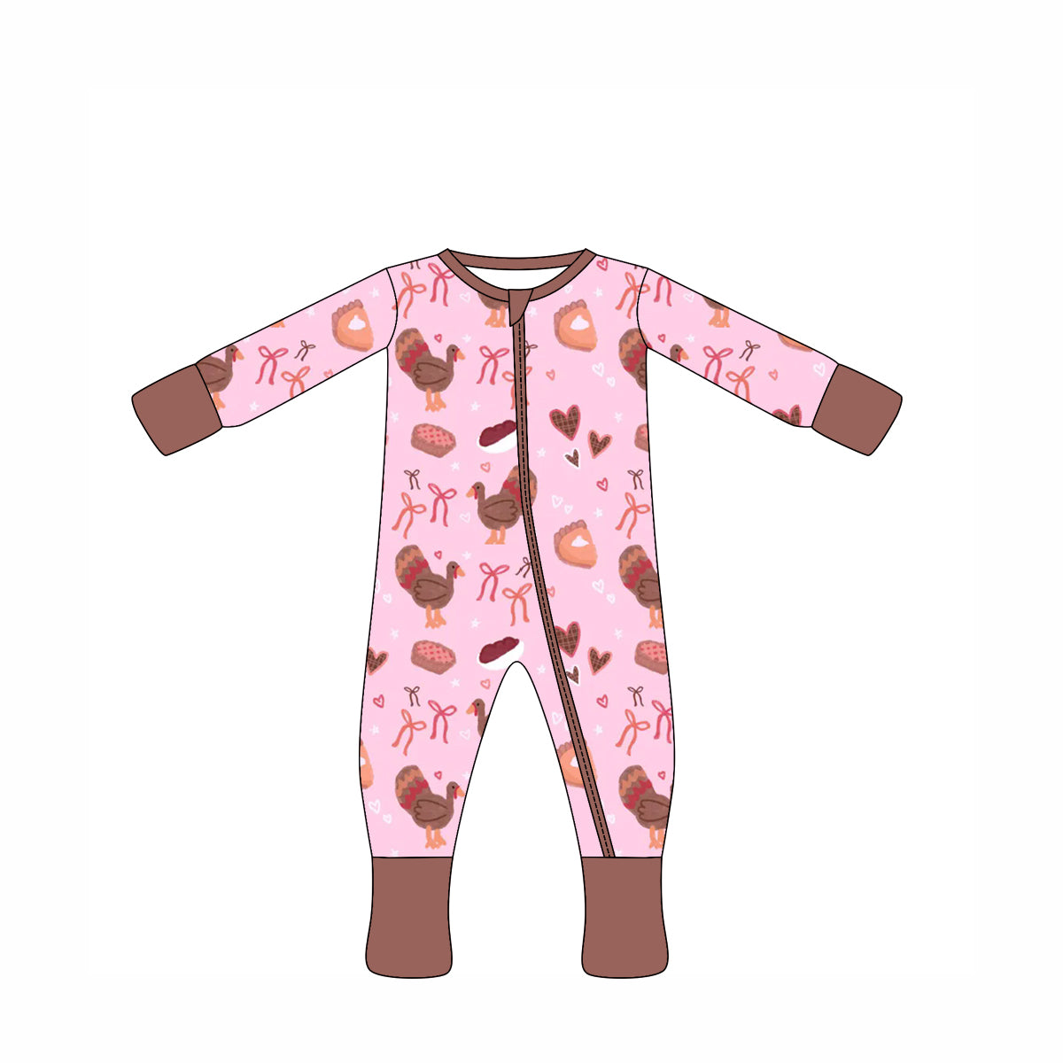 Preorder moq 10 Baby Kids Pink Long Sleeves Turkey Bows Hearts Zipper Pant Rompers