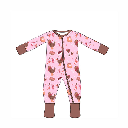 Preorder moq 10 Baby Kids Pink Long Sleeves Turkey Bows Hearts Zipper Pant Rompers