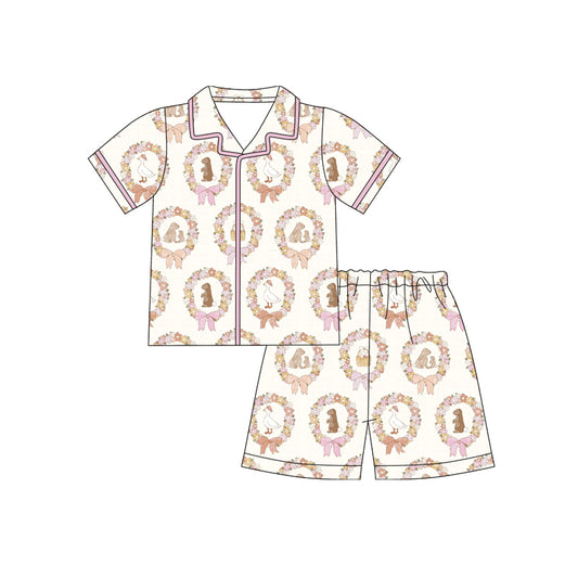 Preorder (moq 5)Baby Girls Rabbits Flower Holly Button Top Shorts Easter Pajamas Sets
