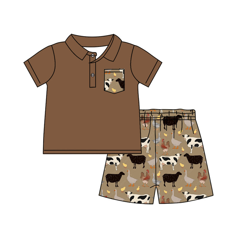 Preorder (moq 5)Baby Boys Brown Pocket Pullover Top Cow Shorts Clothes Sets