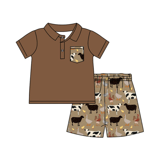 Preorder (moq 5)Baby Boys Brown Pocket Pullover Top Cow Shorts Clothes Sets