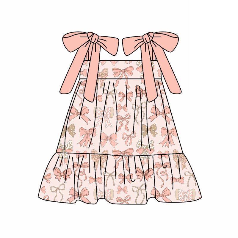 Preorder (moq 5)Baby Girls Peach Bows Strap Colorful Bows Knee Length Dresses