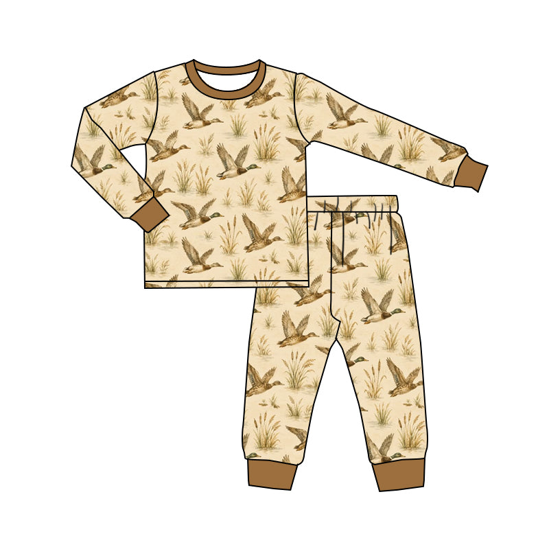 Preorder (moq 5) Baby Boy Clothes Khaki Flying Mallard Duck Allover Print Long Sleeve Jogger Pajama Set