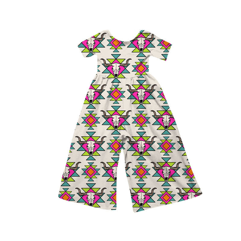 Preorder(moq 8)Baby Girls Short Sleeve Aztec Bull Skulls Western Pants Jumpsuits