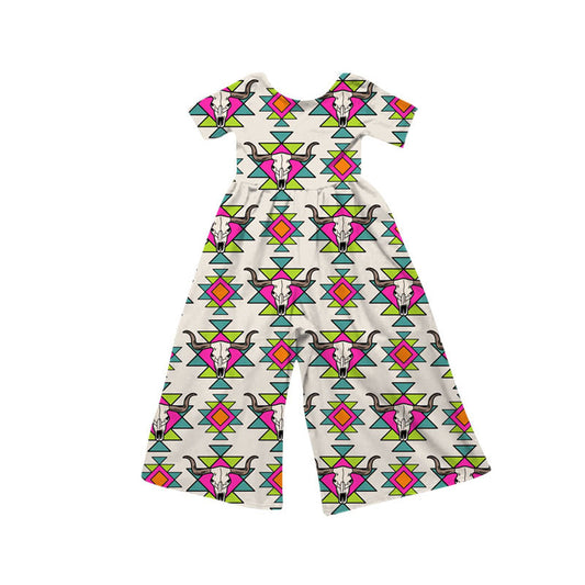 Preorder(moq 8)Baby Girls Short Sleeve Aztec Bull Skulls Western Pants Jumpsuits