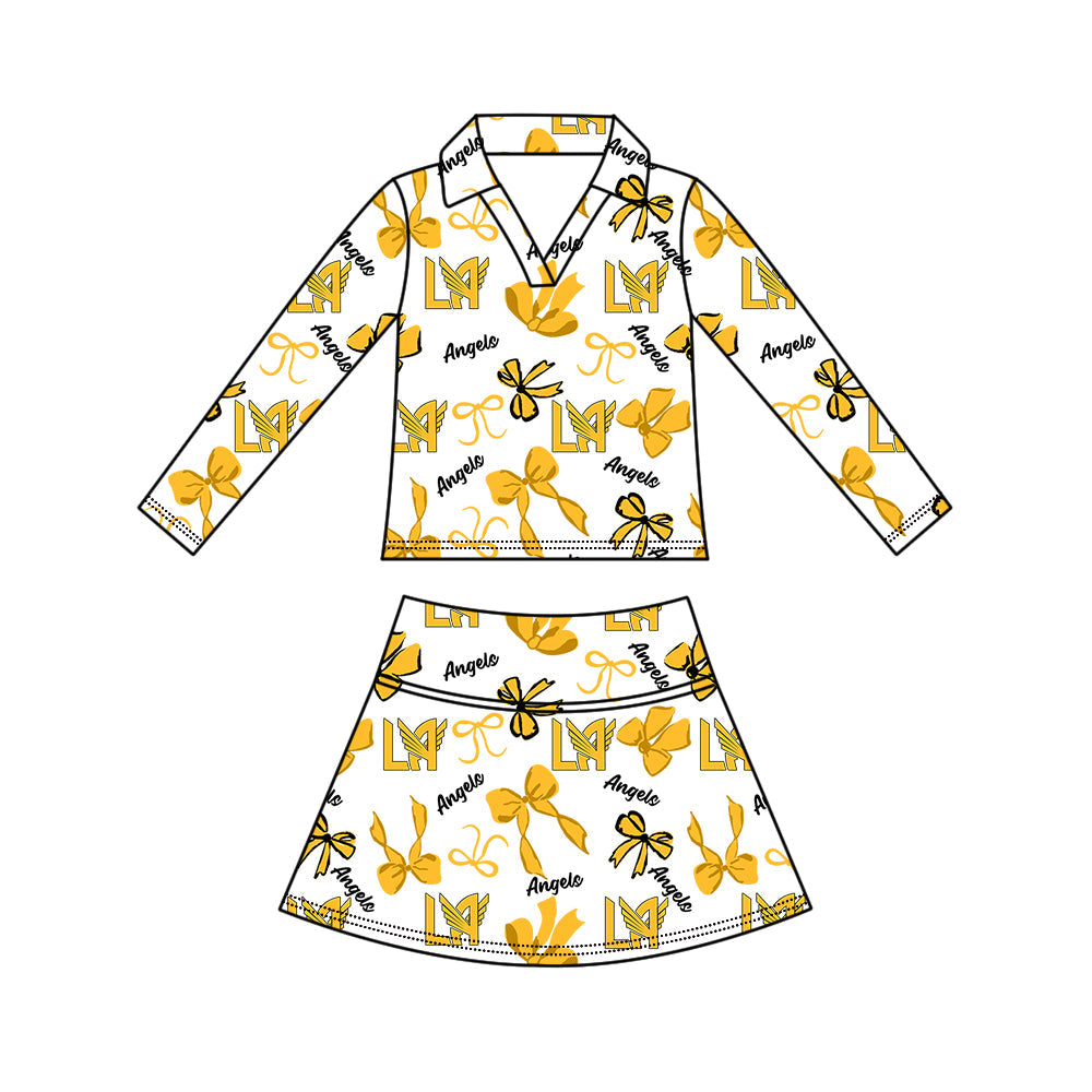 Preorder (moq 5)Baby Girls Bows Angels Top Skirt Short Team Clothes Set
