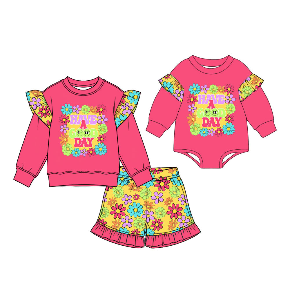 Preorder (moq 5) Baby Girl Clothes Colorful Floral Letter Graphic Mixed Print Long Sleeve Ruffle Sleeve Baby Bodysuit