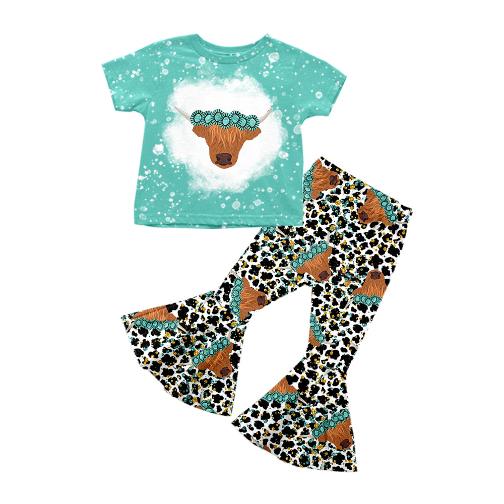 Baby Kids Western Turquoise Cow Top Bell Pants Girls Clothing Sets preorder(MOQ 5)