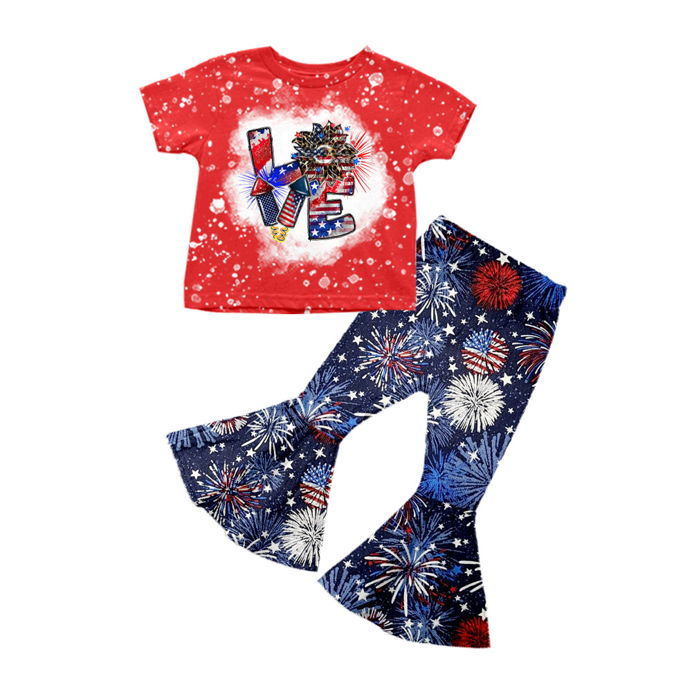 Baby Girls Love 4th of July Short Sleeve Top Fireworks Bell Pants Clothes Sets preorder(moq 5)