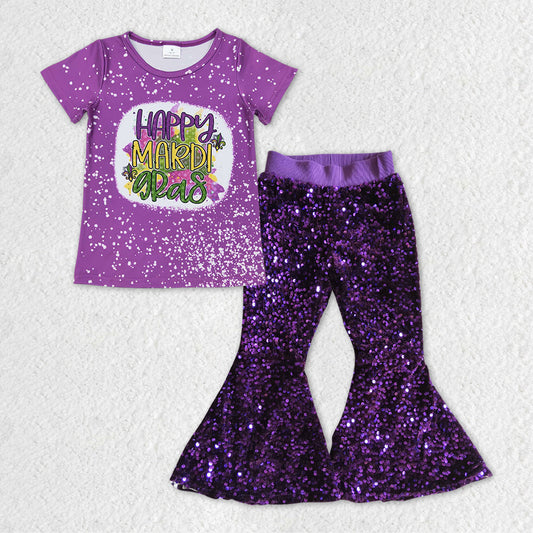 Baby Girls Purple Mardi Gras Top Sequin Bell Pants Clothes Sets