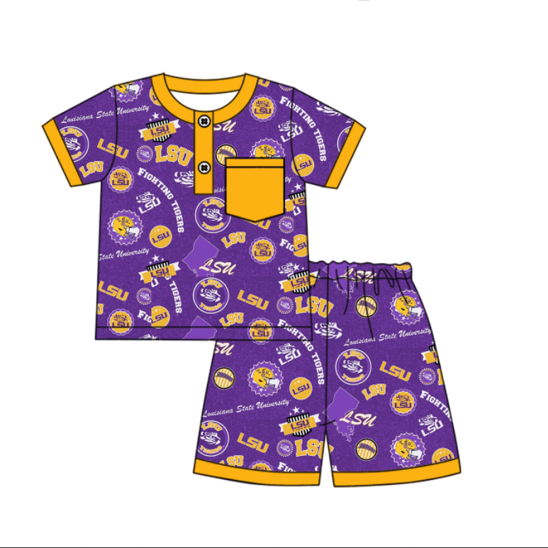 Preorder (moq 5)Baby Boys Short Sleeves Purple LSU Button Pocket Top Shorts Team Pajamas Set