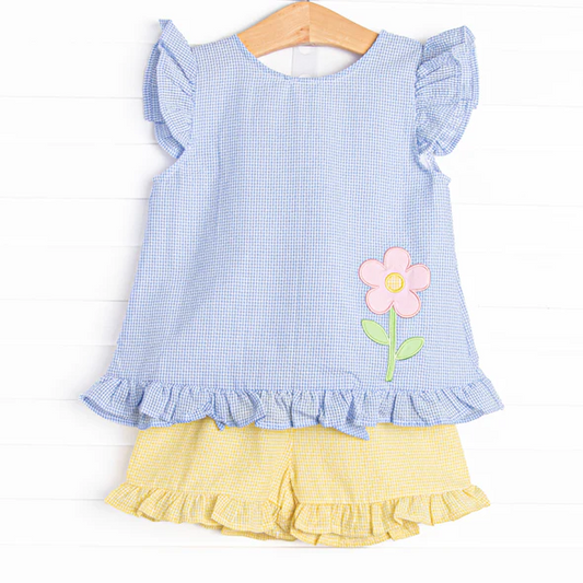 Preorder moq 5 Baby Girls Blue Flutter Sleeves Flowers Tunic Yellow Ruffle Short Set