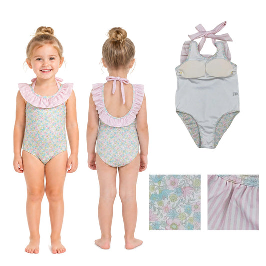 Baby Girls Stripe Bow Flutter Sleeve Colorful Flowers Swimming Swimsuits