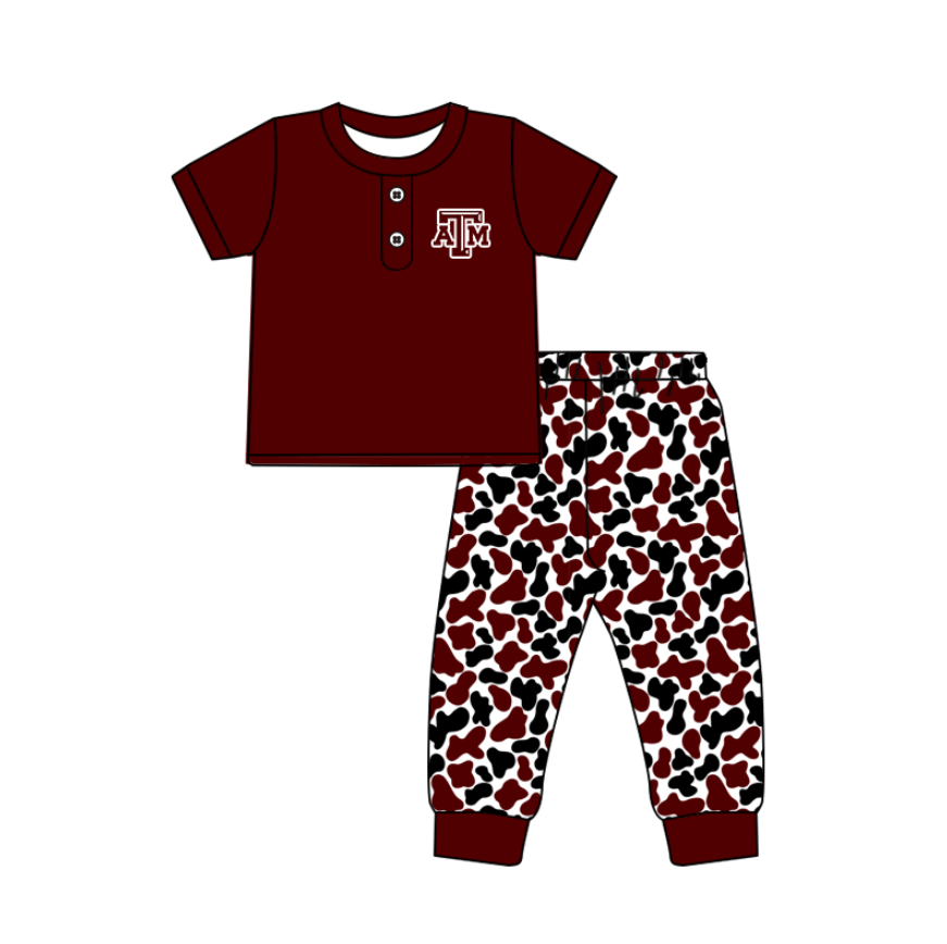 Preorder (moq 5)Baby Boys Dark Red ATM Button Top Camo Pants Team Clothes Sets