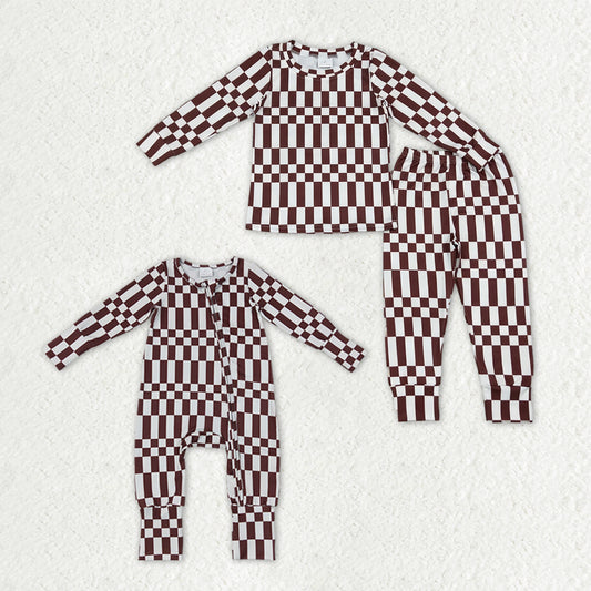 Sibling Baby Boys Long Sleeves Brown Checked Top Pant Fall Pajamas Set Zip Rompers