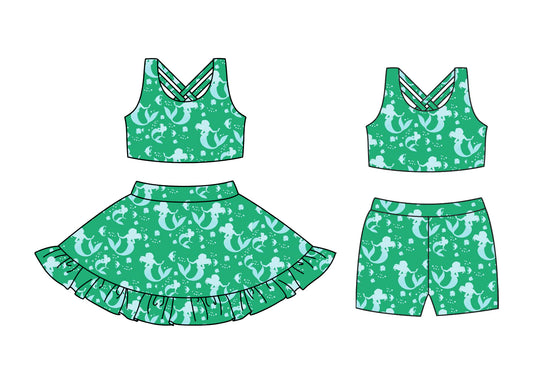 Preorder moq 5 Custom Baby Girls Green Sleeveless Mermaid Top Ruffle Skirts Set Biking Sets