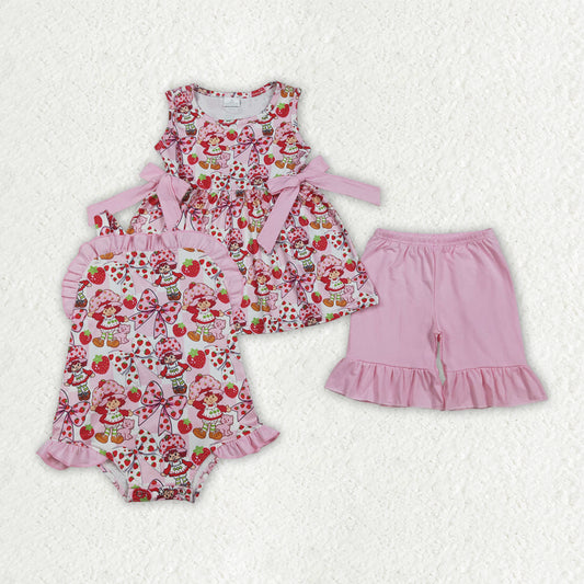 Sibling Baby Strawberry Girls Bows Tunic Ruffle Short Clothes Set Back Bow Rompers
