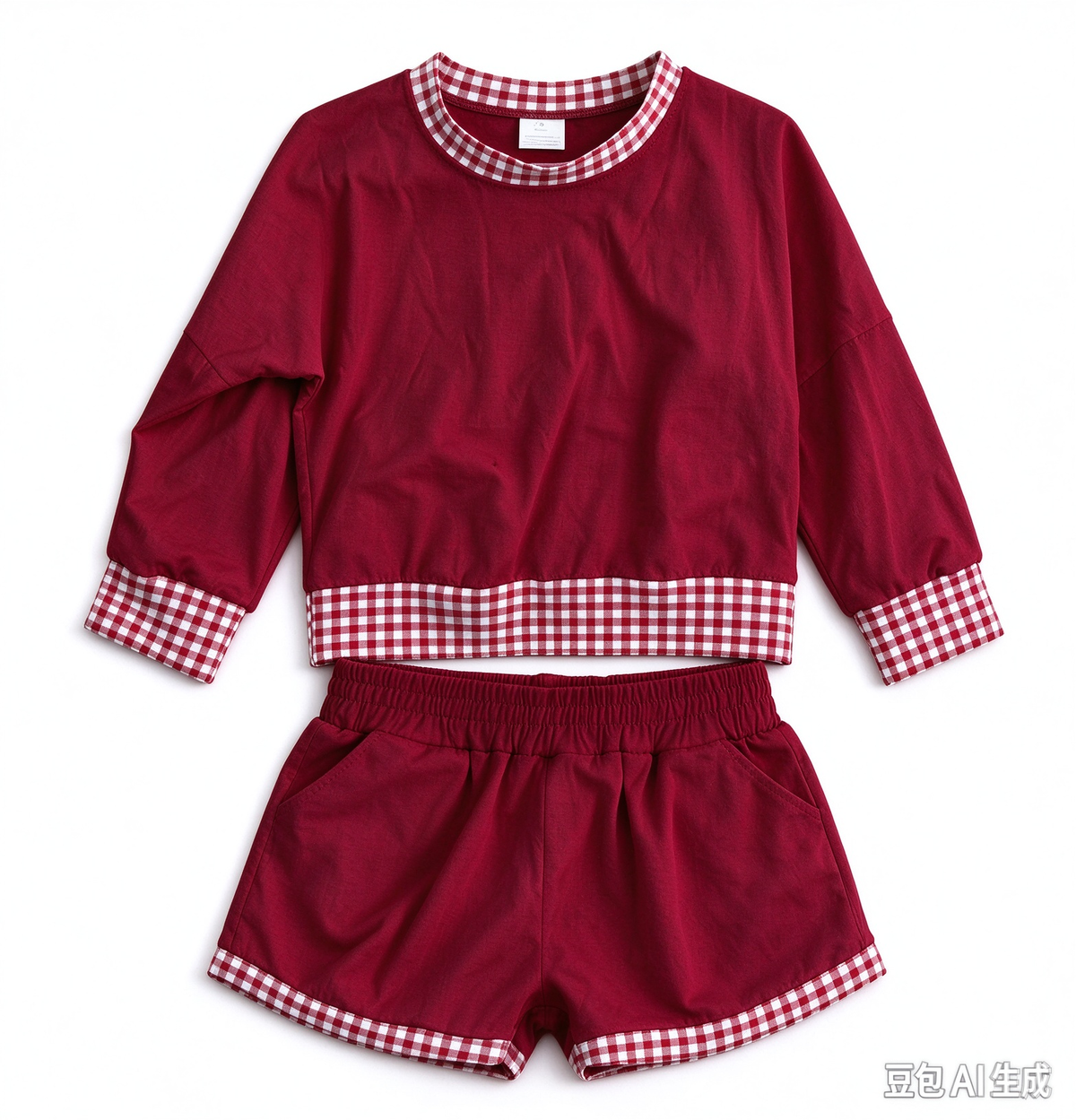 Preorder (moq 5) Baby Girl Clothes Wine Red Plain Top Red Gingham Trim Long Sleeve Cropped Top Short Pant Set