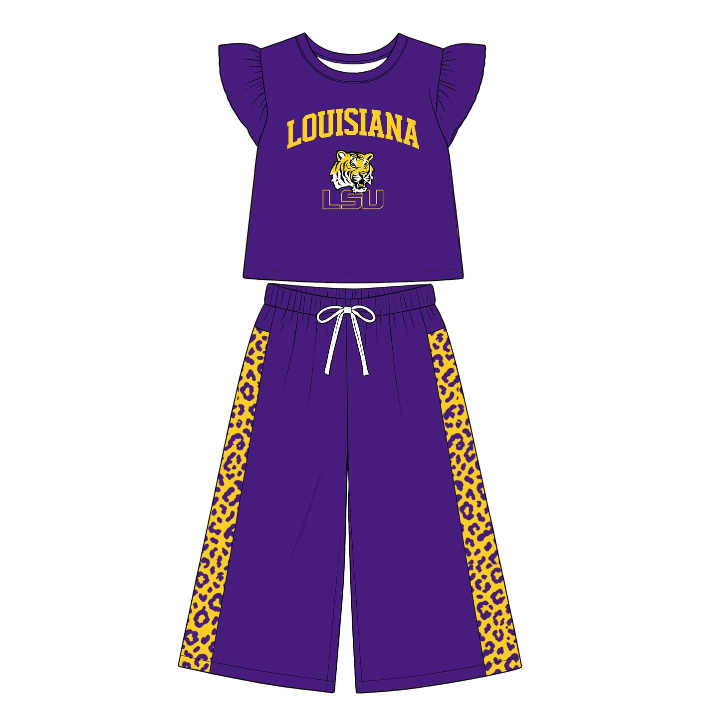 Preorder (moq 5)Baby Girls Flutter Sleeve Louisiana Top Flare Pant Team Clothes Sets