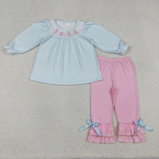 Embroidery Dancer Shoes Baby Girls Checked Tunic Ruffle Pants Clothes Sets