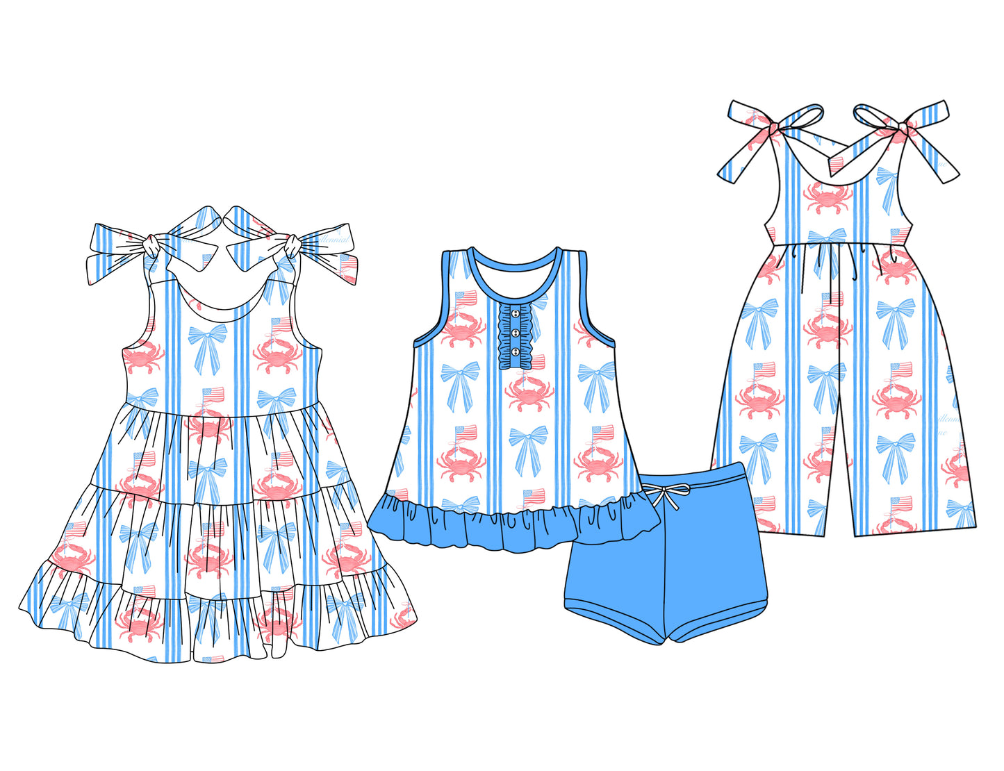 Preorder moq 5 Custom Baby Girls Crabs Flags Bows Button Tunic Blue Short 4th Of July Set Knee Length Dress Jumpsuits