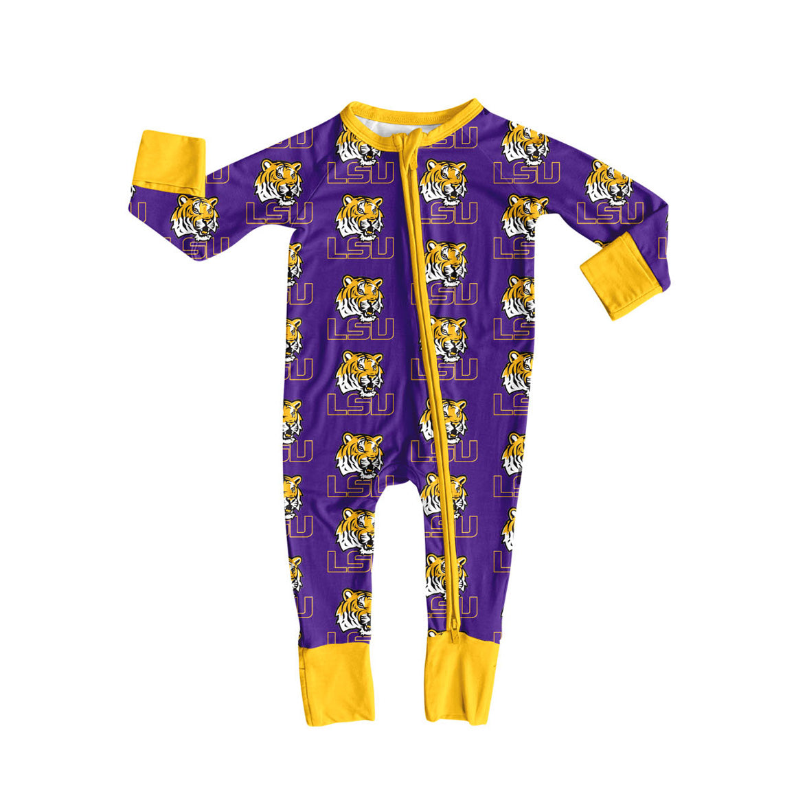 Preorder moq 5 Baby Infant Boys Long Sleeves Purple LSU Tigers Plaid Zipper Romper