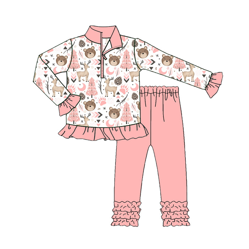 Preorder(moq 5) Baby Girls Pink Animals Zip Pullover Top Legging Boutique Outfits Sets