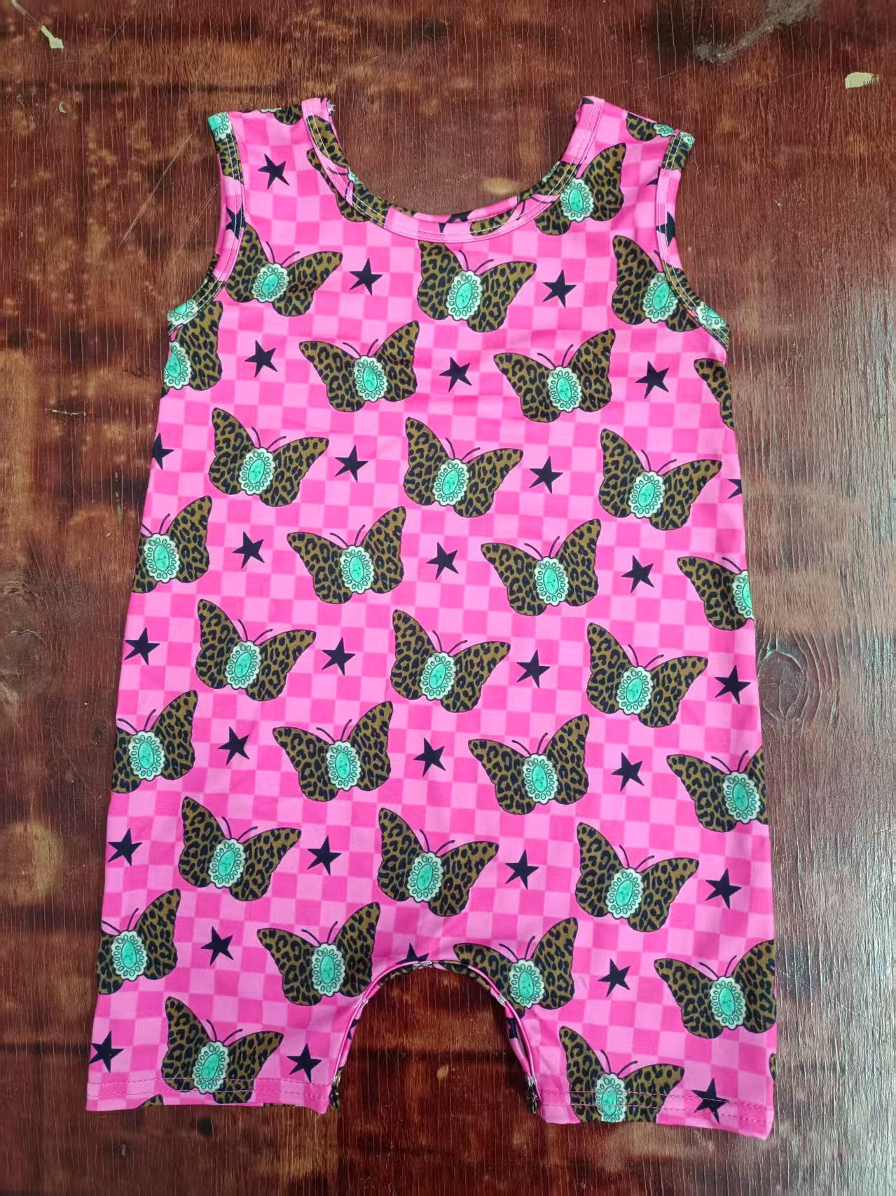 Preorder moq 5 Baby Girls Sleeveless Pink Plaid Leopard Butterfly Stars Short Rompers