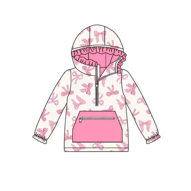 Preorder (moq 5)Baby Girls Pink Bows Zipper Pocket Ruffle Hooded Tops