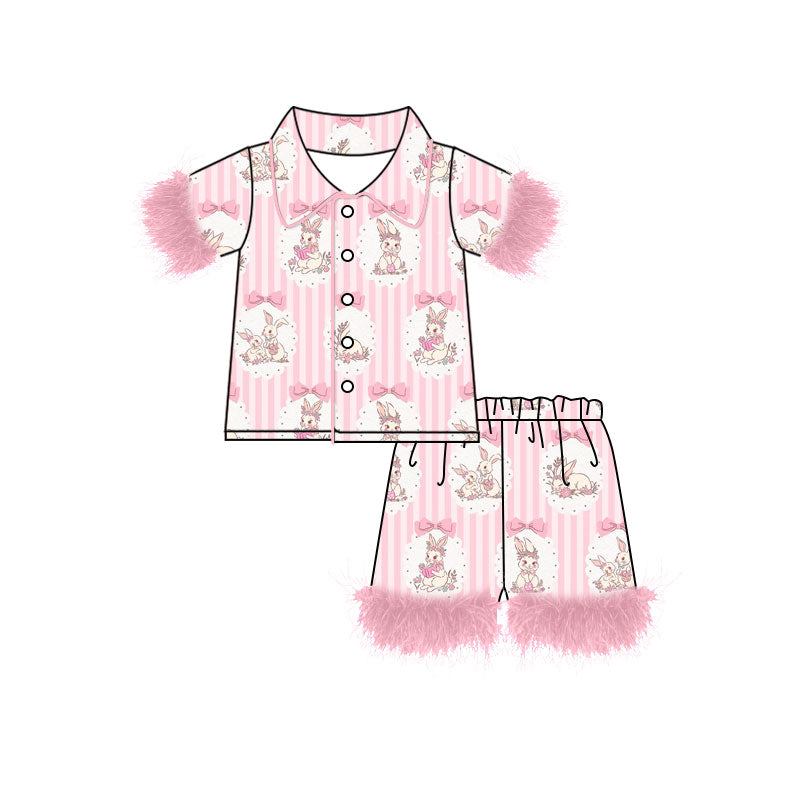 Preorder (moq 5) Baby Girl Clothes Easter Bunny Bow Pink Stripe Print Short Sleeve Feather Trim Pajama Short Set