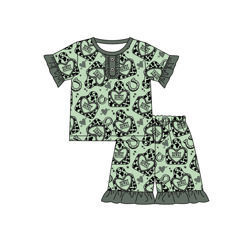 Preorder (moq 5)Baby Girls Green Cow Print Horse Shoes Button Shirt Ruffle Shorts Pajamas Clothes Sets