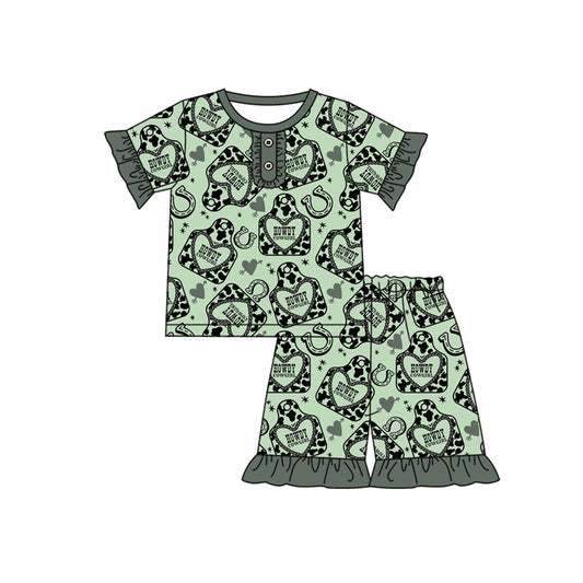 Preorder (moq 5)Baby Girls Green Cow Print Horse Shoes Button Shirt Ruffle Shorts Pajamas Clothes Sets