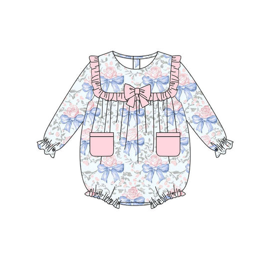Preorder(moq 8)Baby Girls Flowers Bows Pockets Ruffle Rompers