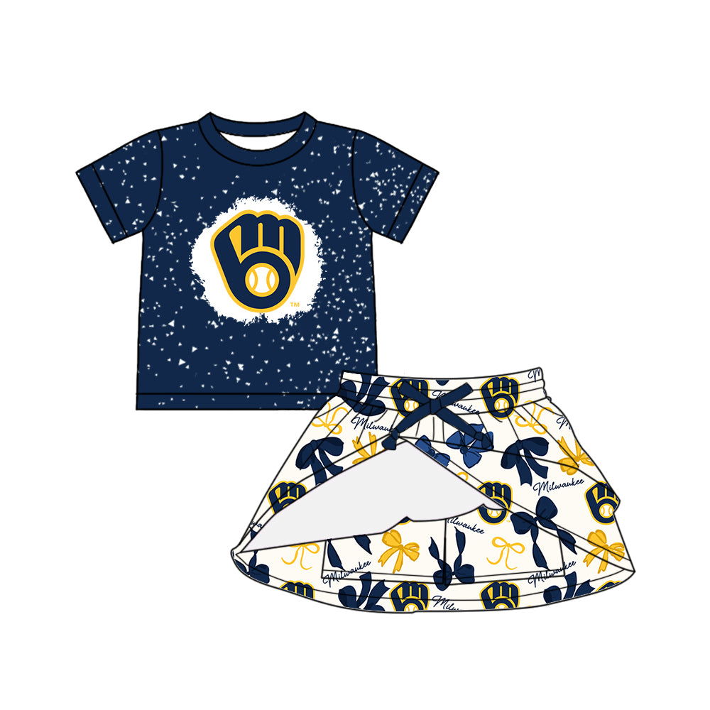 Preorder (moq 5)Baby Girls Navy Short Sleeves Baseball Top Bows Plaid Skorts Team Set