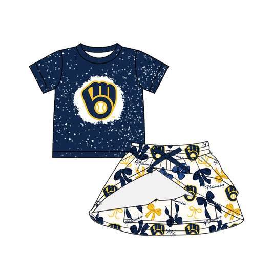 Preorder (moq 5)Baby Girls Navy Short Sleeves Baseball Top Bows Plaid Skorts Team Set
