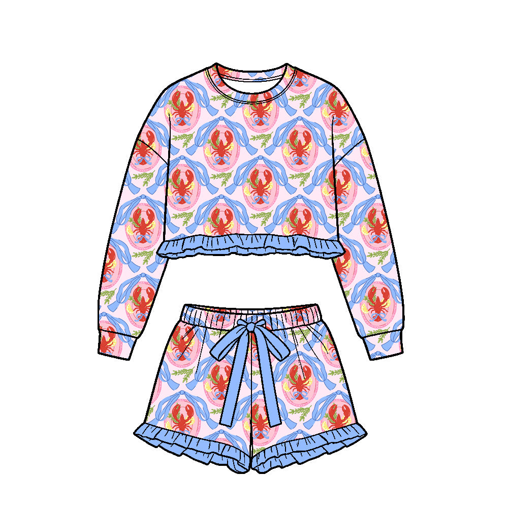 Preorder (moq 5) Girls Crawfish Blue Bow Pink Background Print Long Sleeve Crop Top Ruffle Shorts Boutique Outfits Clothes Sets