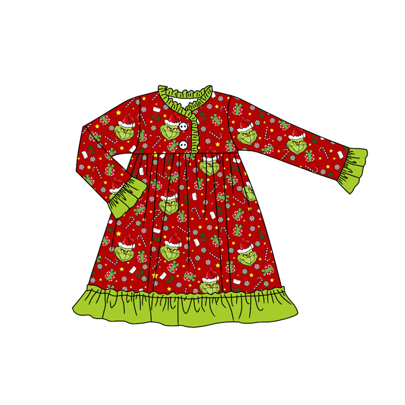 Preorder (moq 5)Baby Girls Green Face Candy Cane Ruffle Christmas Knee Length Dress