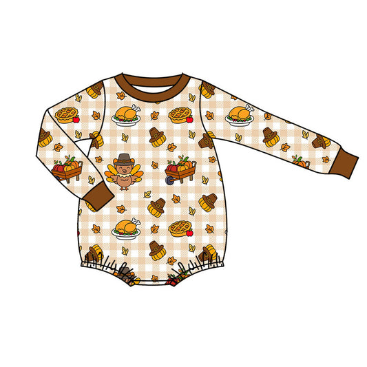 Preorder (moq 5)Baby Girls Long Sleeve Turkey Pumpkins Checked Thanksgiving Rompers