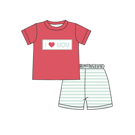 Preorder (moq 5)Baby Boys Red Short Sleeves I LOVE MOM Top Light Blue Stripe Short Set
