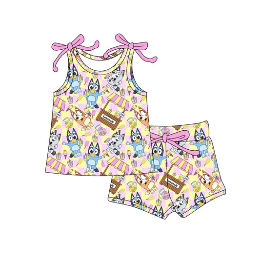 Preorder moq 5 Baby Girls Bows Sleeveless Cartoon Dogs Ice Cream Truck Top Short Set
