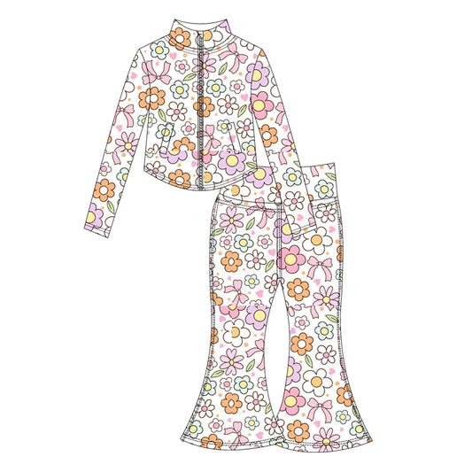 Preorder moq 10 Baby Girls Flowers Plaid Long Sleeves Flowers Plaid Pockets Zipper Top Bell Bottom Pant Activity Wear Yoga Set