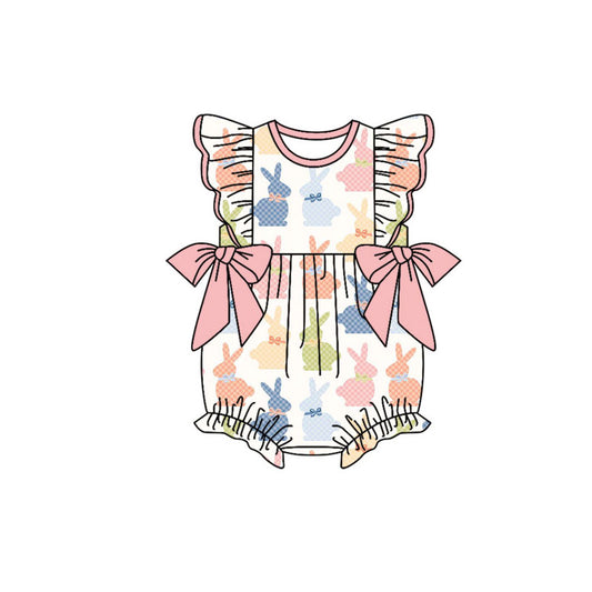 Preorder (moq 5)Baby Girls Colorful Rabbits Flutter Sleeve Bows Easter Ruffle Rompers