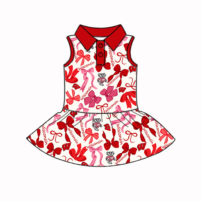 Preorder (moq 5)Baby Girls Red Sleeveless Wisconsin Bows Plaid Button Team Knee Length Dresses